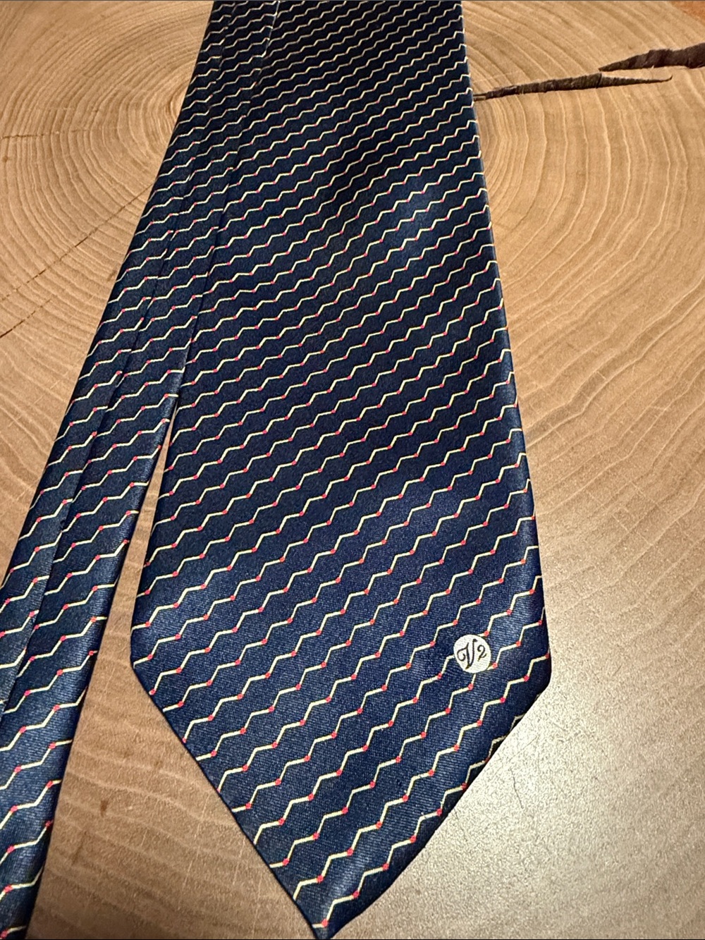 Versace Navy Silk Tie with Red and Gold Wave Pattern